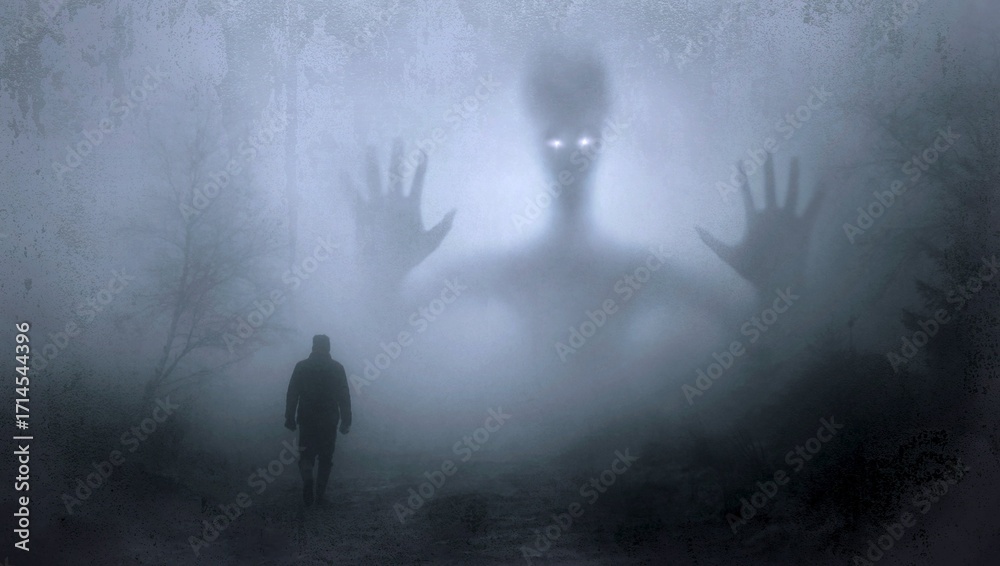 Fototapeta premium Scary Monster in Foggy Forest, horror scene with a man encountering a giant alien or ghost in the dark mist