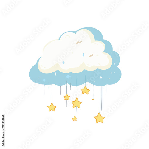 Cute cloud with falling stars.  Soft pastel colors depict a whimsical cloud formation with yellow stars hanging from it.  A gentle, dreamy aesthetic
