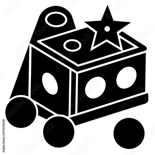 A black and white illustration of a toy robot with wheels