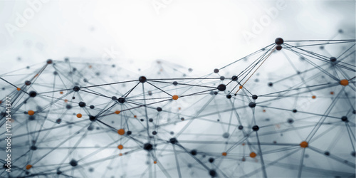 Digital connections and nodes linked through geometric lines, creating an abstract structure with glowing highlights, orange accents, and blurred white particles, symbolizing complexity, networking, 