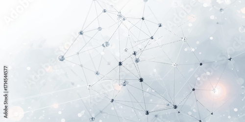 Digital connections and nodes linked through geometric lines, creating an abstract structure with glowing highlights, orange accents, and blurred white particles, symbolizing complexity, networking, 