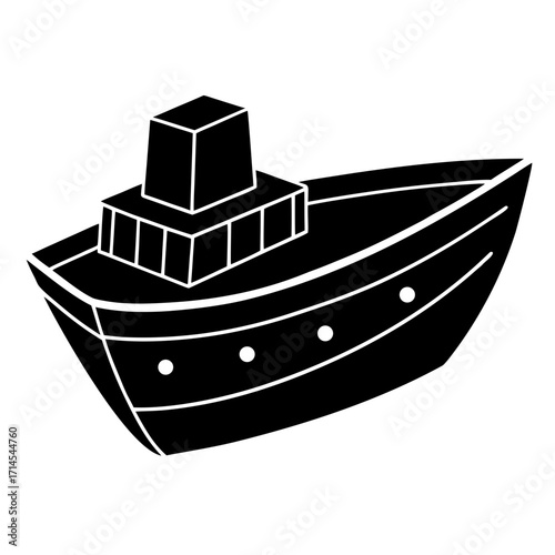 Simple black and white illustration of a stylized boat on white background