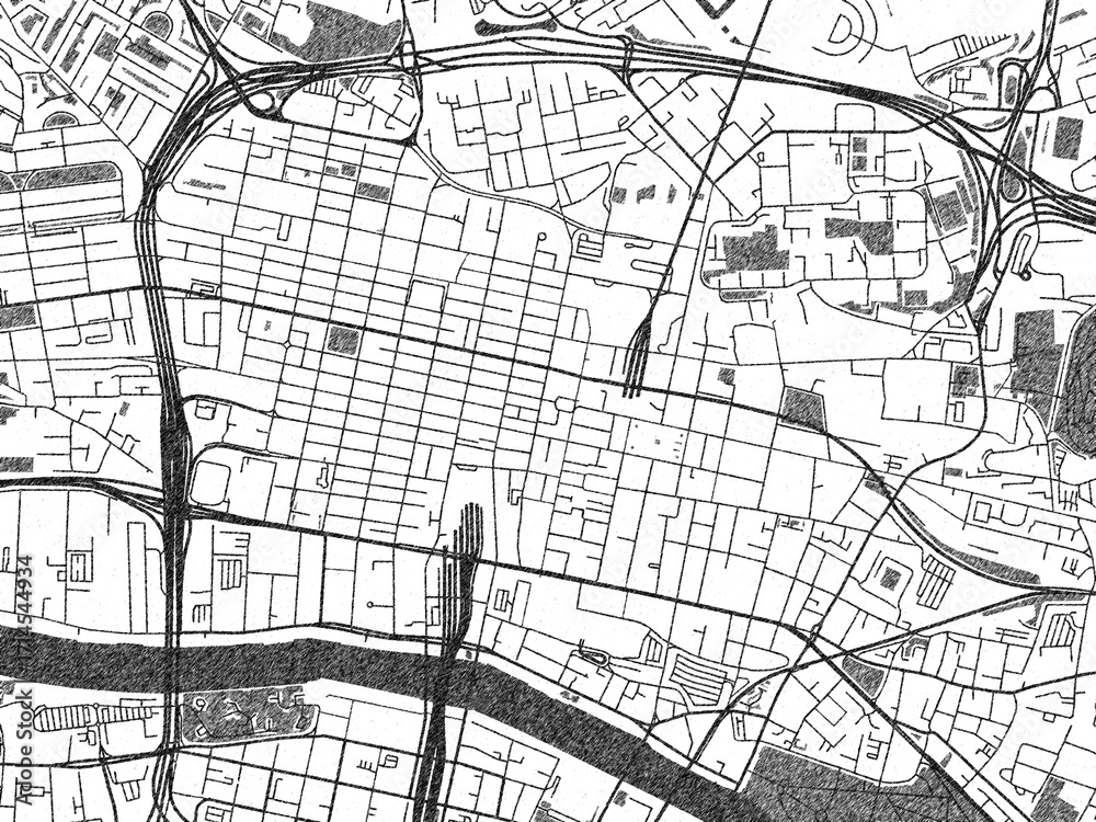 Fototapeta premium Illustrated city map of Glasgow Center, United Kingdom, in black and white, showing roads and textures.