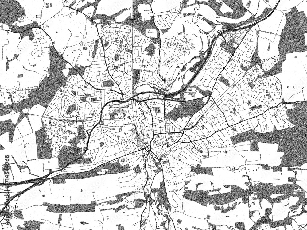 Fototapeta premium Poster-ready monochrome city map of Guildford, United Kingdom, with detailed streets and rivers.