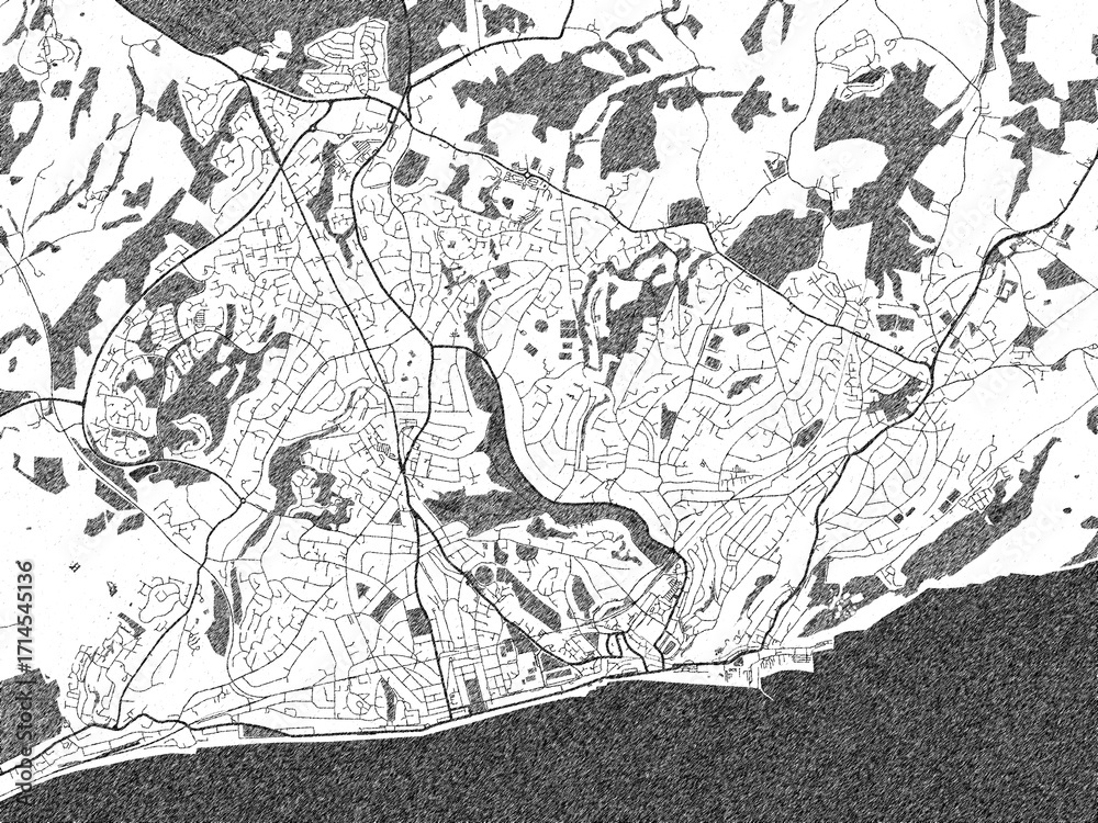 Obraz premium Black and white cartographic illustration of Hastings, United Kingdom, in hand-drawn sketch form.
