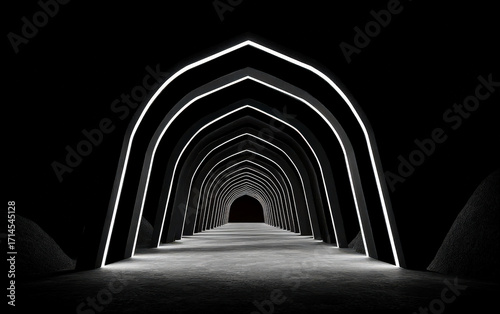 A series of arched lights forming a tunnel in a dark environment