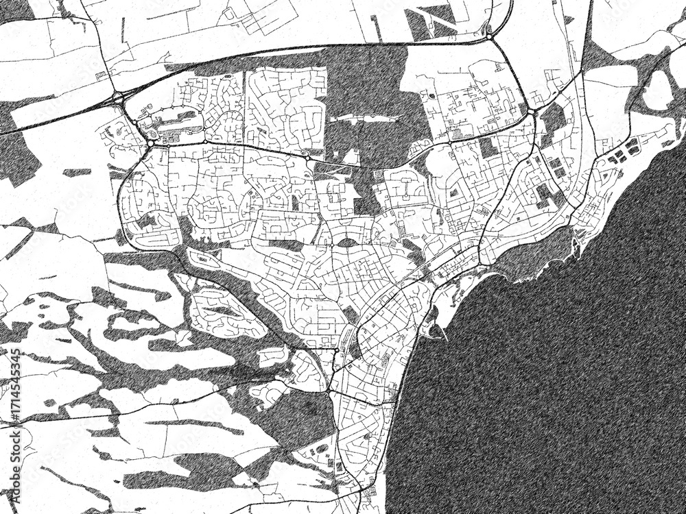 Naklejka premium Sketch-style black and white map of Kirkcaldy, United Kingdom, perfect for illustration and wall art.