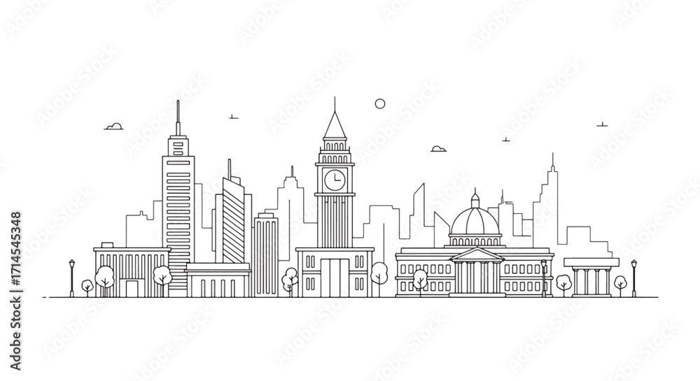 Obraz premium Linear city skyline illustration with tall tower landmarks and urban architectural features in minimal black line art.