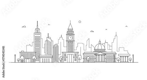 Linear city skyline illustration with tall tower landmarks and urban architectural features in minimal black line art.