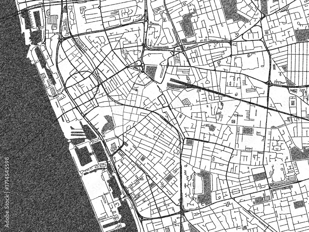 Fototapeta premium Artistic urban sketch of Liverpool Center, United Kingdom, detailed in black and white map form.