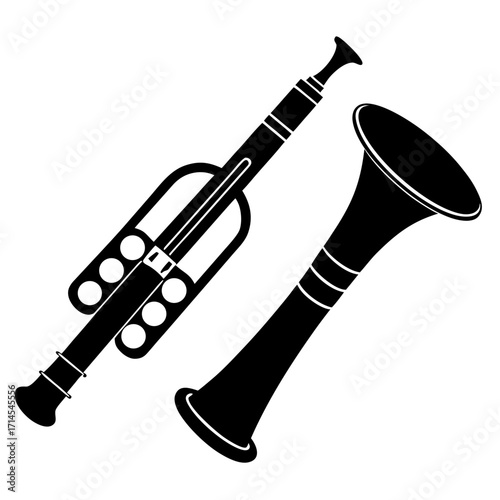 A black and white illustration depicting a trumpet and its detachable mouthpiece