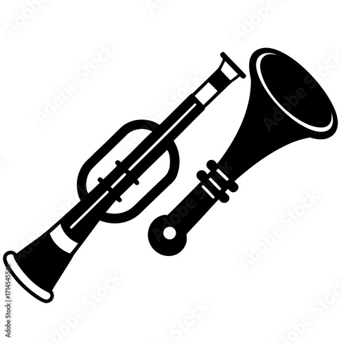 A simple black and white illustration of a vintage trumpet design