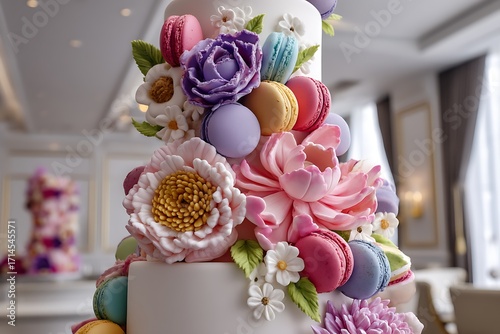 A whimsical wedding cake with colorful macarons and fondant flowers, adding a playful yet sophisticated touch to the celebration