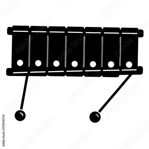 A simple black and white illustration of a xylophone with two mallets