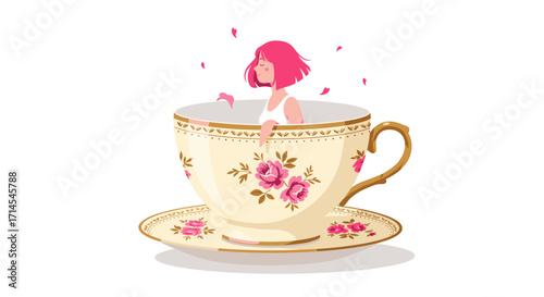 Whimsical tea time concept with woman in floral teacup vector illustration