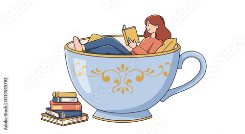 Cozy reading scene vector illustration: woman relaxing in oversized teacup with books, perfect for home decor