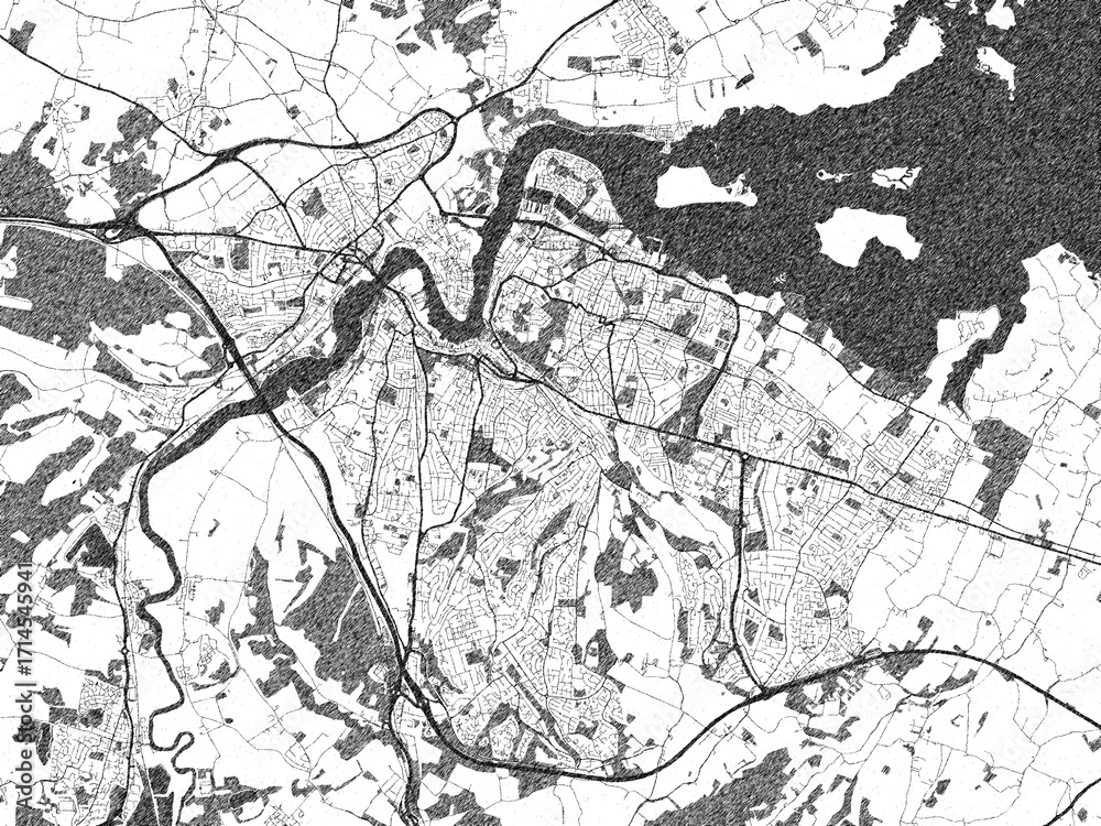 Fototapeta premium Minimalist monochrome city map of Medway Towns, United Kingdom, illustrated with urban detail.