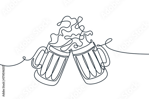 Vector continuous line illustration of two beer mugs with splash drinks. Design for bar pub menu, party banner or poster