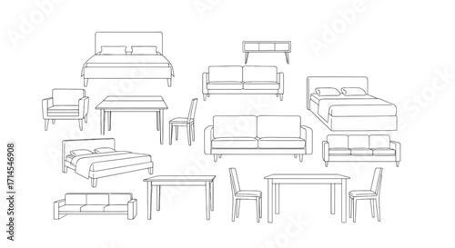 Minimal black line drawings of multiple piano and grand piano designs in outline vector style, musical instrument set.