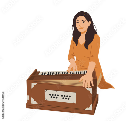 Indian Musician Playing Harmonium  in Colorful Ethnic Outfits 