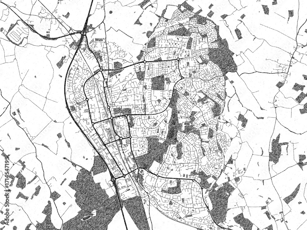 Naklejka premium Artistic monochrome city map of Stevenage, United Kingdom, created in a hand-drawn style.
