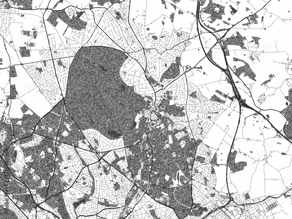 Naklejka premium Detailed artistic sketch map of Sutton Coldfield, United Kingdom, in monochrome black and white.
