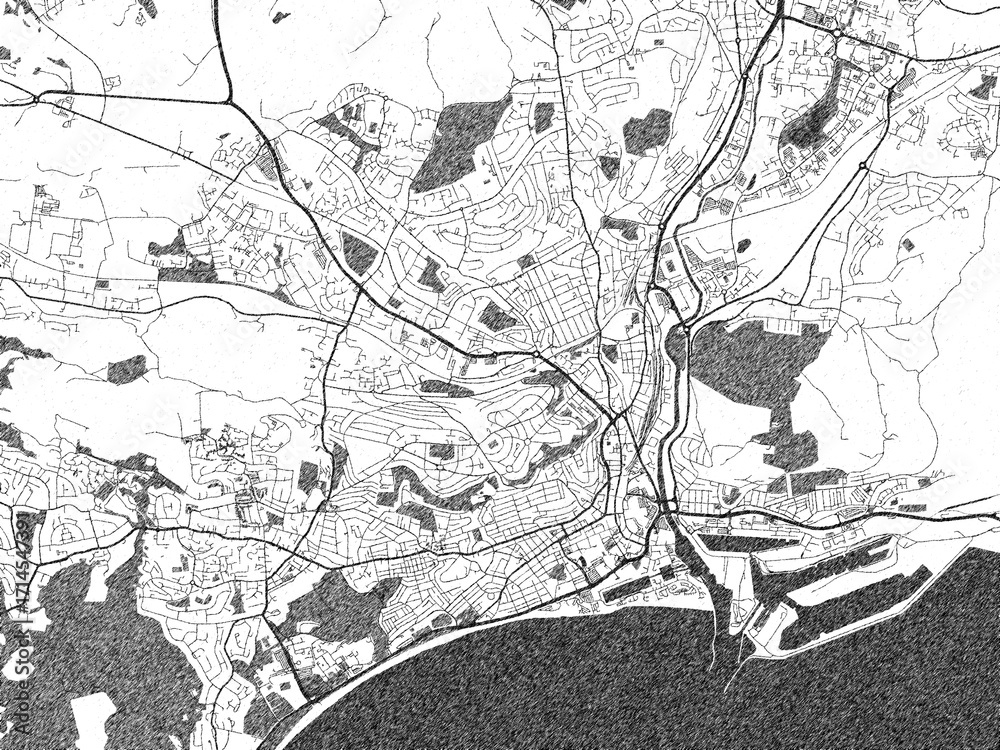 Naklejka premium Detailed black and white map of Swansea, United Kingdom, in artistic sketch style.