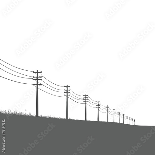 Row of dark gray telephone poles with wires against white sky