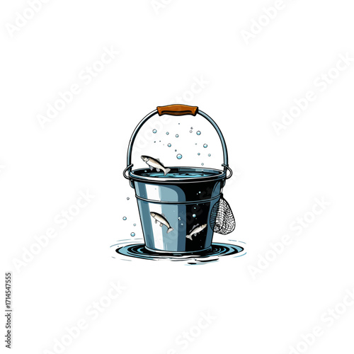 Fresh Catch Fishing Bucket Icon - Vector Illustration