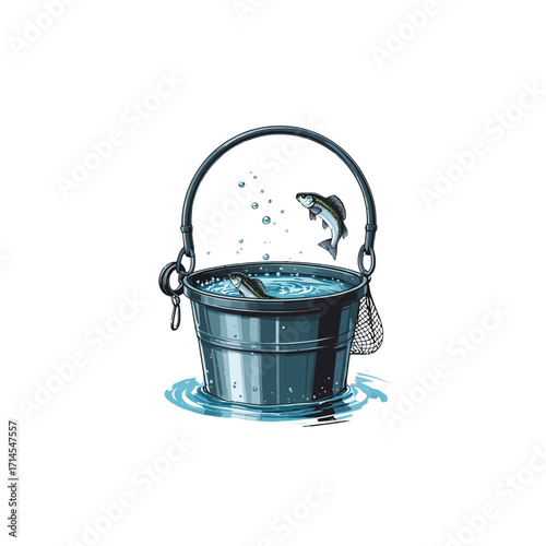 Fishing Day Fun: Fish Jumping out of a Catch Bucket