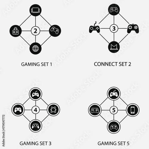 Set of interconnected icons representing different aspects of online gaming, connectivity, and technology
