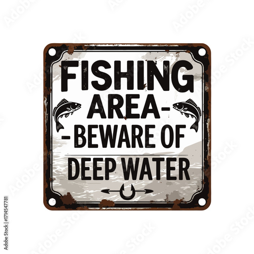 Vintage Metal Fishing Sign: "Beware of Deep Water" Rustic Wall Decor