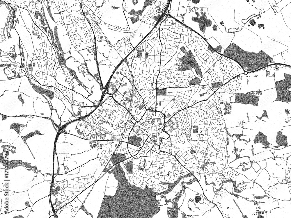 Fototapeta premium Detailed artistic sketch map of Wrexham, United Kingdom, in monochrome black and white.