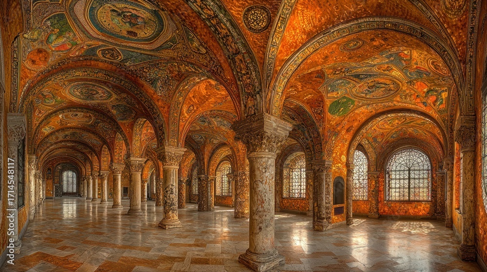 Fototapeta premium Ornate, sunlit, arched church interior