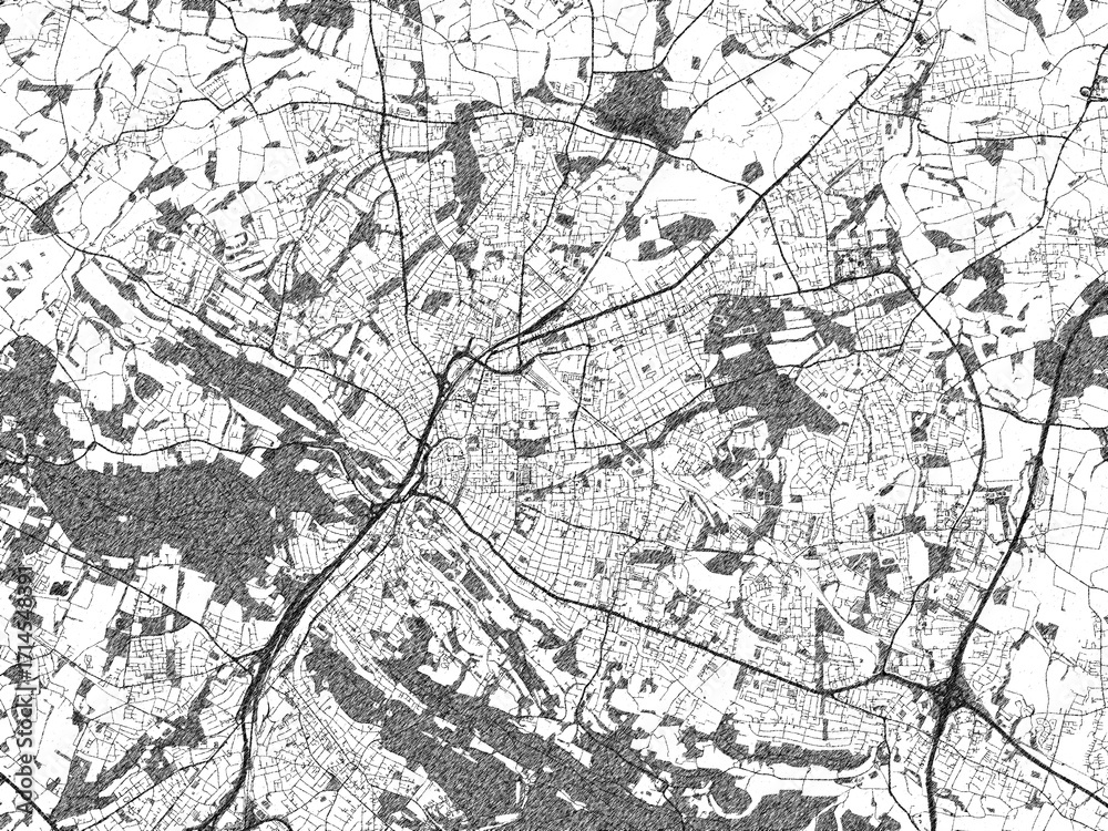 Fototapeta premium Black and white cartographic illustration of Bielefeld, Germany, in hand-drawn sketch form.