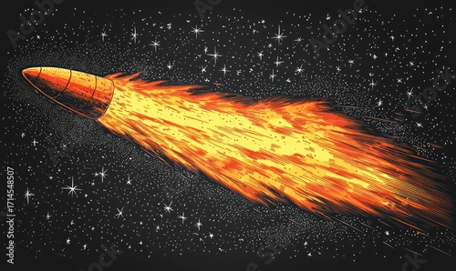A rocket ship streaks through a starry night sky, leaving a fiery trail
