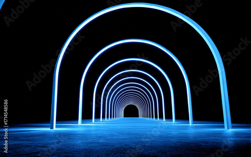 Blue glowing arches forming a futuristic tunnel structure