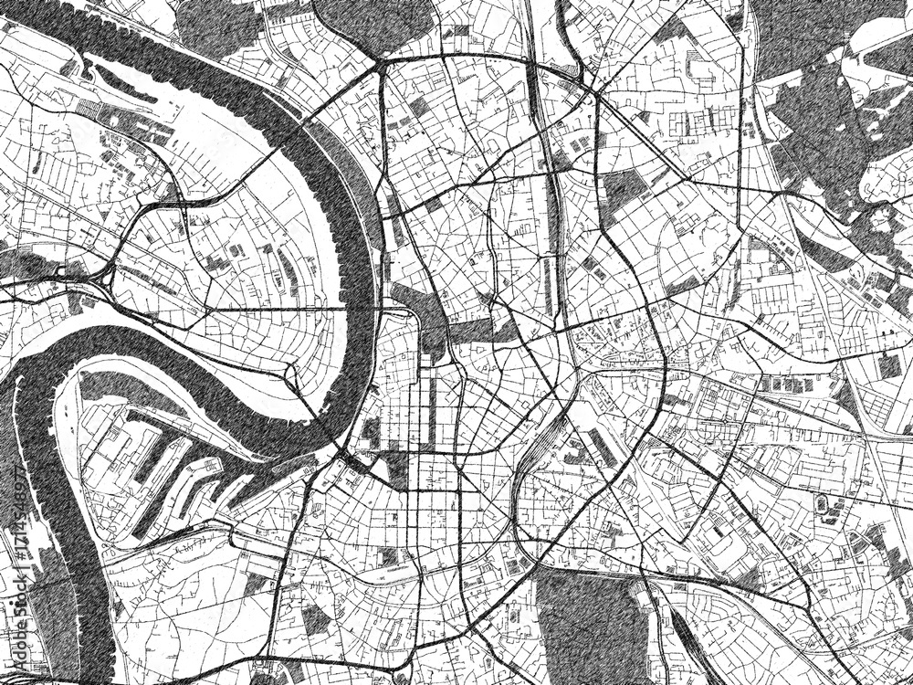 Fototapeta premium Urban black and white map of Dusseldorf, Germany, designed in a sketch style for prints.