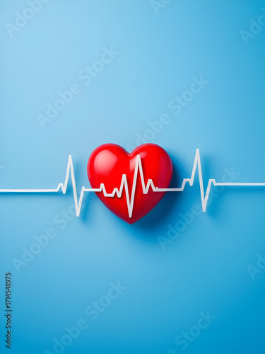 White heartbeat line with red heart shape on blue background.