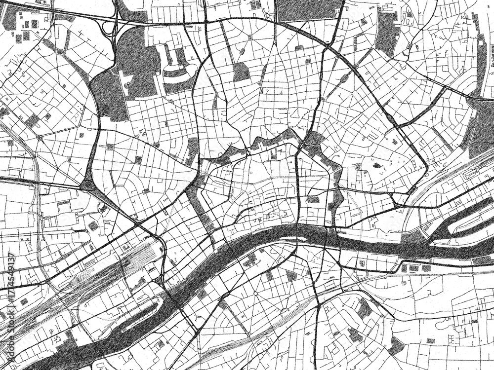 Naklejka premium Poster-ready black and white illustration map of Frankfurt am Main, Germany, detailed and artistic.