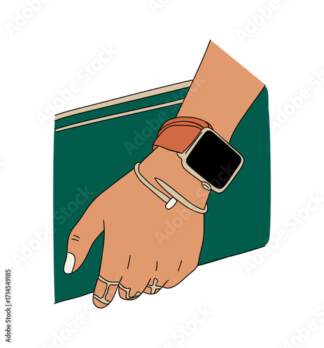 Vector illustration of a hand holding a green clutch bag, wearing a smartwatch with leather strap, rings and bracelet, modern fashion accessory isolated on transparent background
