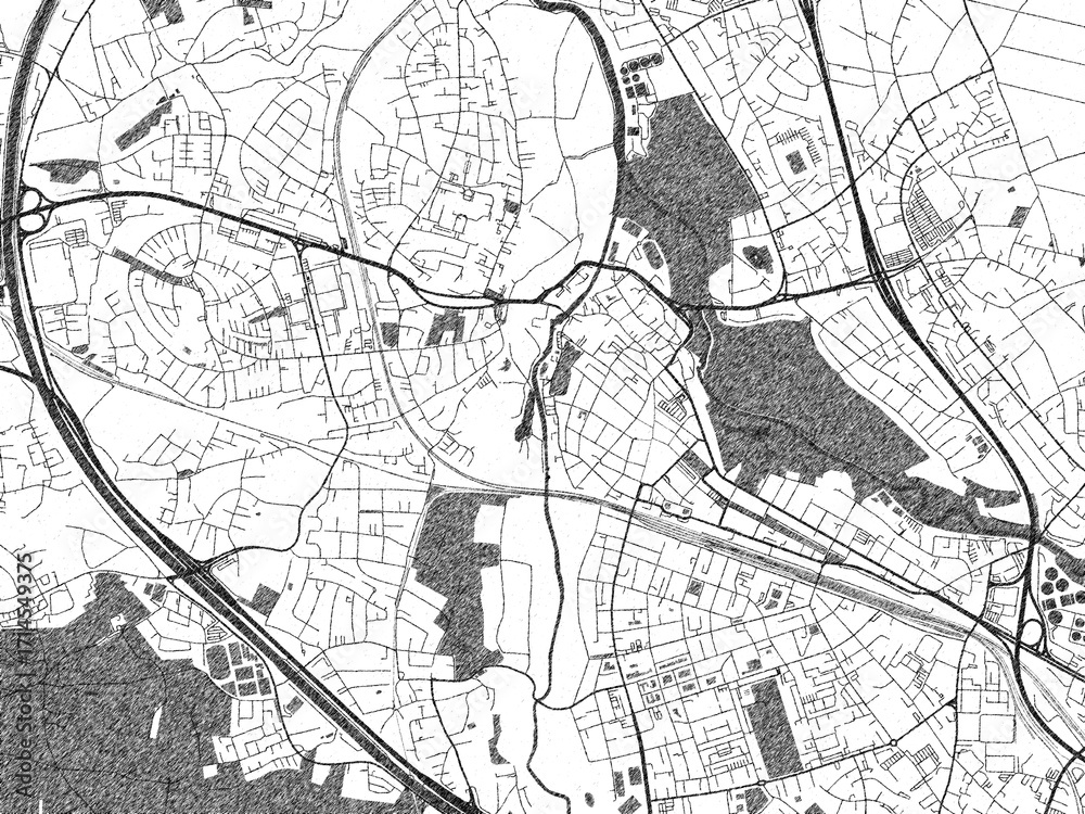 Naklejka premium Decorative black and white map of Furth, Germany, rendered in sketch-like style.