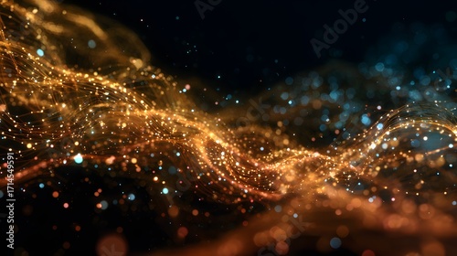 abstract glowing particles selective focus and bokeh effect on dark background. Futuristic glowing particles with depth of field and bokeh effect.