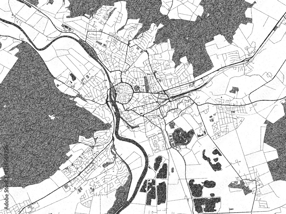 Fototapeta premium Illustrated city map of Hameln, Germany, in black and white, showing roads and textures.