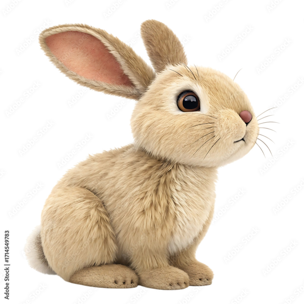 Obraz premium A fluffy light brown bunny rabbit with large ears and dark eyes sitting attentively isolated on transparent background