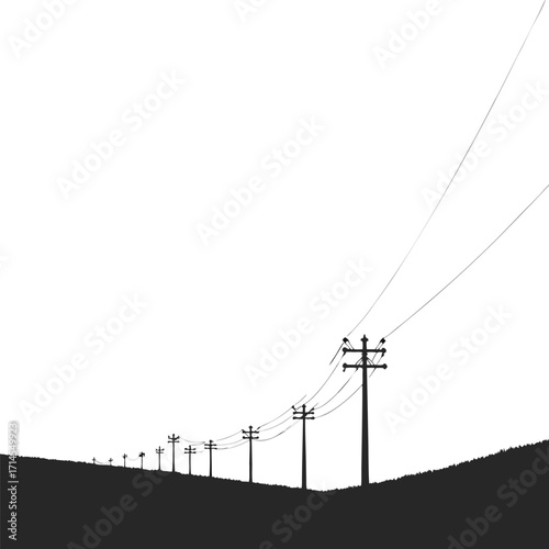 Row of dark utility poles with wires against white sky