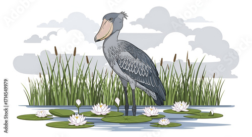 Shoebill Stork Standing in Marsh Wetlands with Tall Grass Vector Illustration
