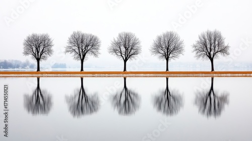 Five Trees Mirrored in Still Water A Serene Winter Landscape