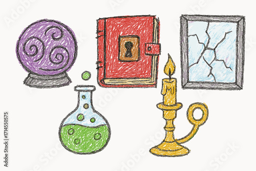 Collection of magical Halloween objects including potion books candle mirror hand drawn in pencil and crayon by kids - fantasy spooky props