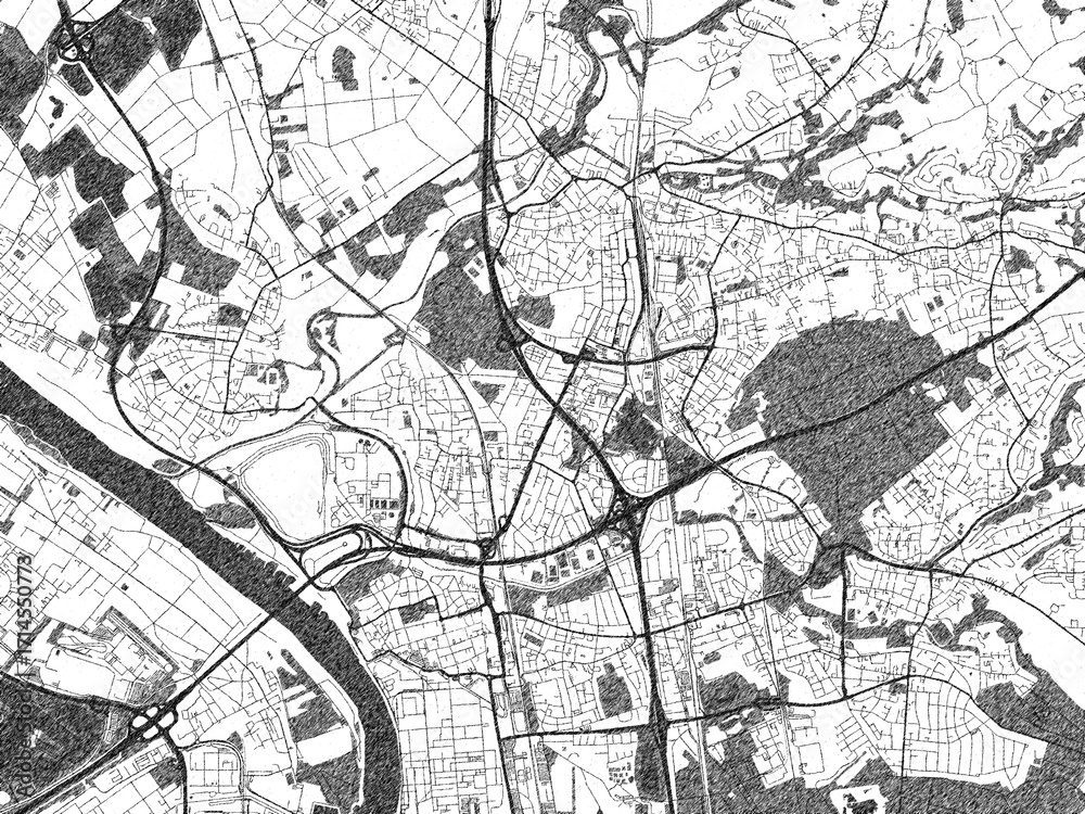 Naklejka premium Illustrated city map of Leverkusen, Germany, in black and white, showing roads and textures.